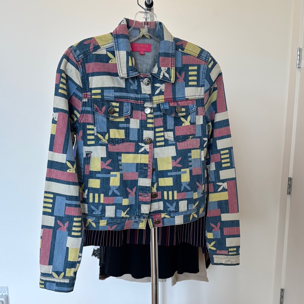 Vintage Playboy Multicolor Patterned Denim Jacket - Playful Block Print